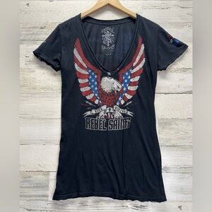 Rebel Saints VNeck‎ Tee Eagle America USA Graphic Bling Top Size Medium TShirt